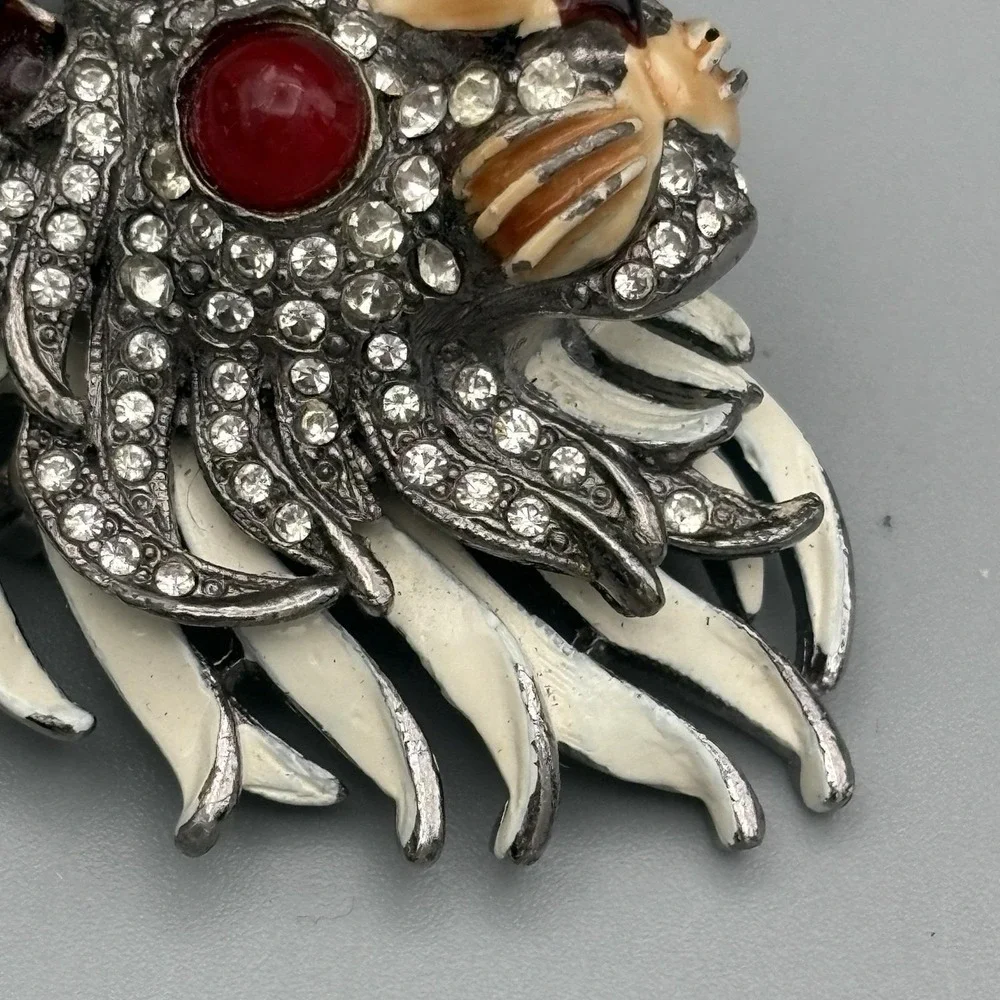 Vintage KJL Kenneth J Lane Lion Pin Enamel Rhinestones Red Gripoix HEAVY